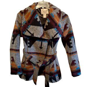American Rag Womens Belted Aztec Printed Wrap Jacket Size M Gray Multicolor Wool